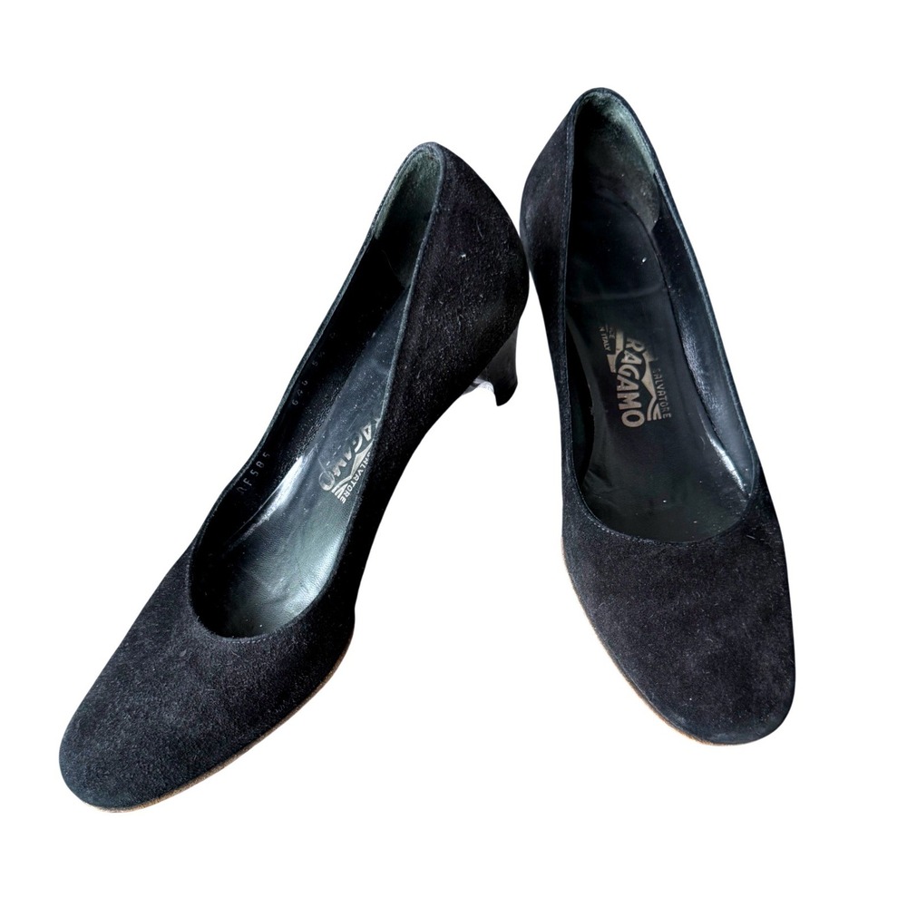 Salvatore Ferragamo Kitten Heels Black Suede Pumps Vintage Designer 9.5B
